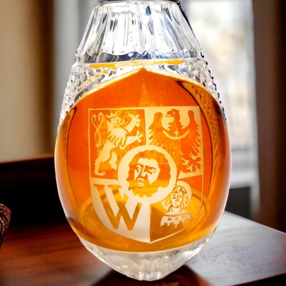 Julia Moth Bohemian Other - Rare Bohemian 24% Lead Crystal Amber Vase Oval Hand Cut in Poland Cut to Clear